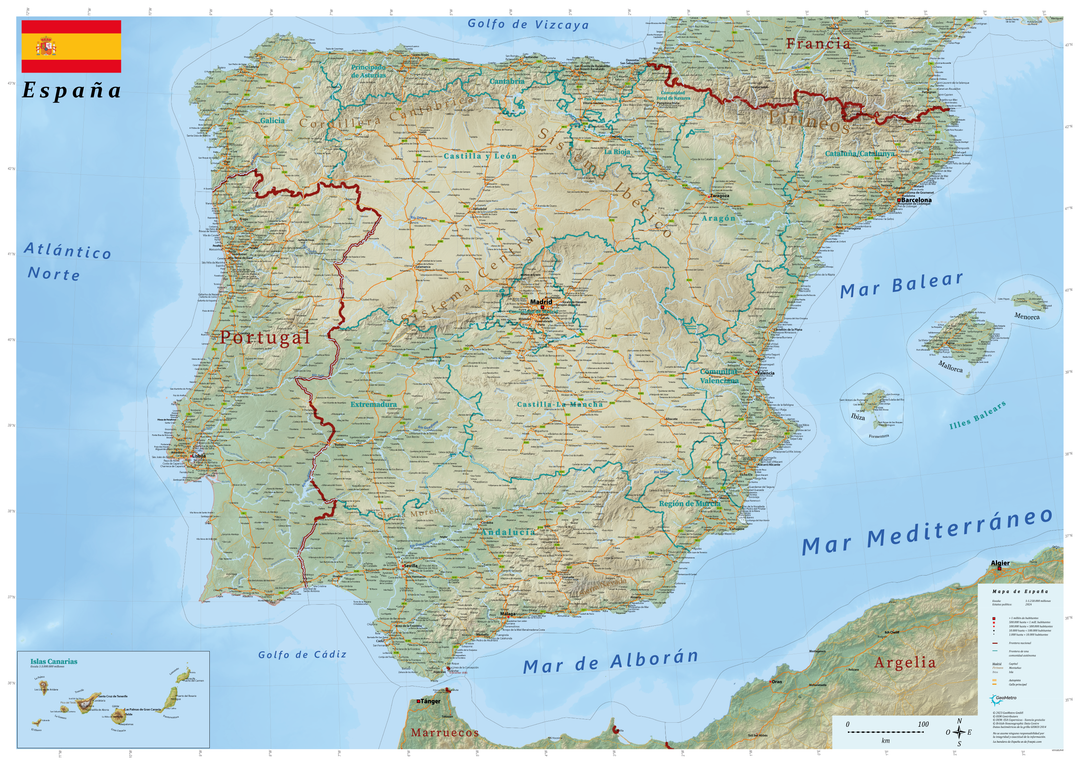 Carte murale plastifiée (en espagnol) - Espagne physique (118,8 x 84 cm) | GeoMetro