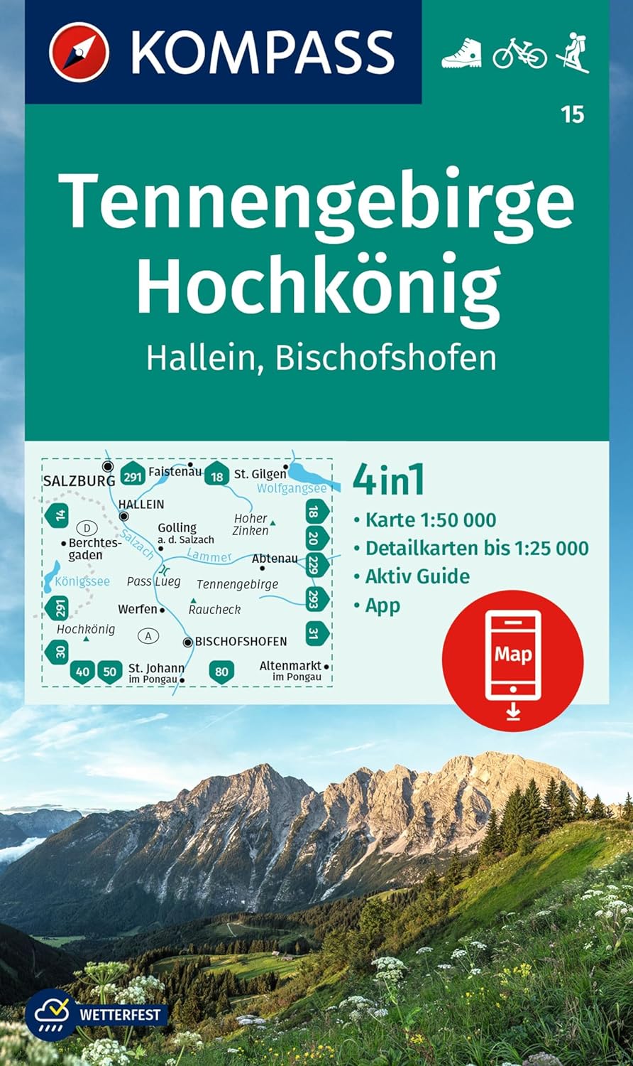 Carte de randonnée n° 015 - Massif de Tennen, Hochkönig (Autriche) | Kompass