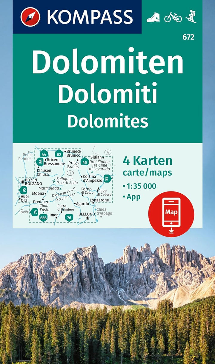 Lot de 4 cartes de randonnée n° 672 - Dolomites (Italie) | Kompass