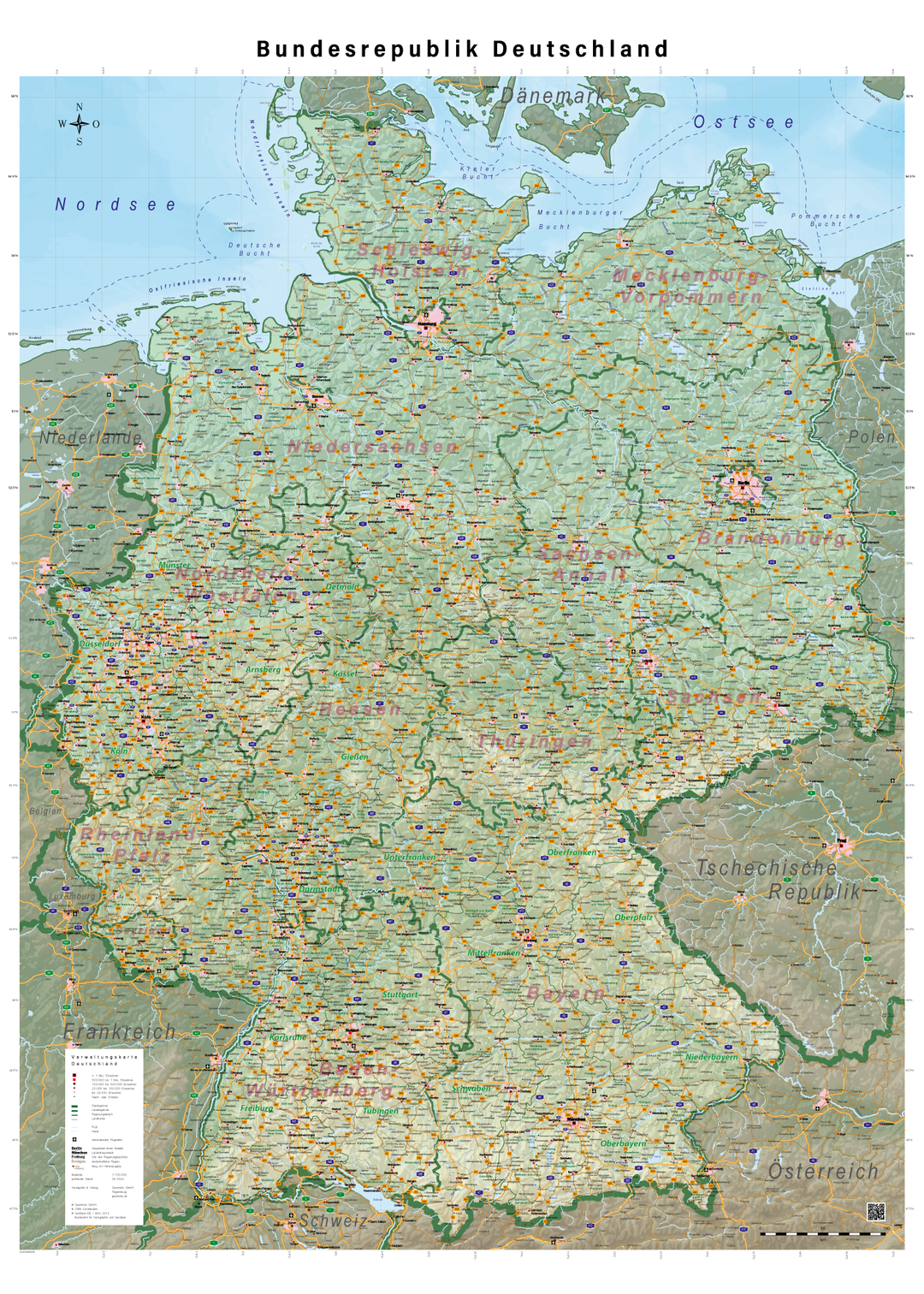 Carte murale plastifiée (en allemand) - Allemagne physique (100 x 140 cm), avec baguettes métalliques | GeoMetro