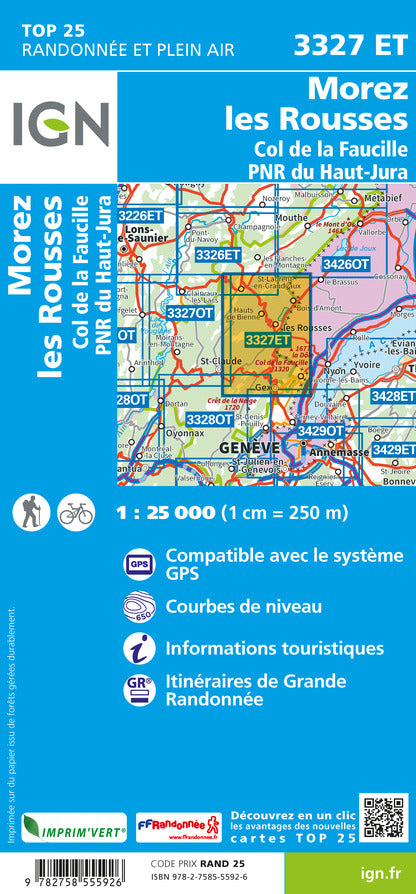 Carte TOP 25 n° 3327 ET - Morez, les Rousses & Col de la Faucille (PNR du Haut Jura) | IGN