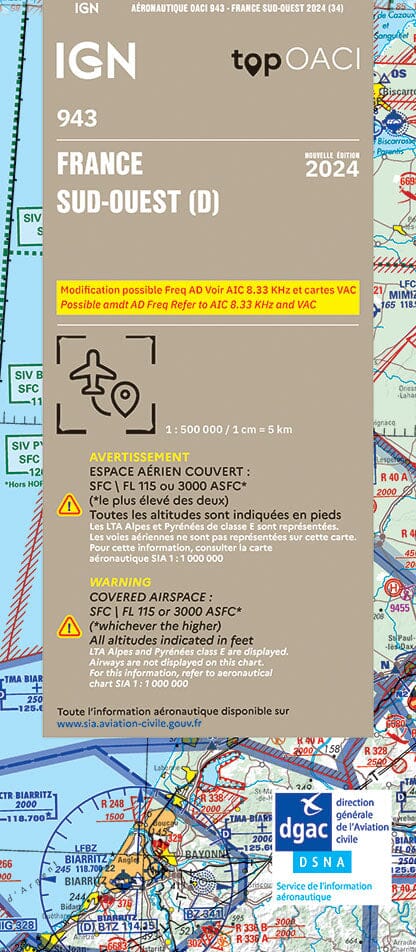 Carte aéronautique OACI 943 - France Sud-ouest 2024 | IGN carte pliée IGN 