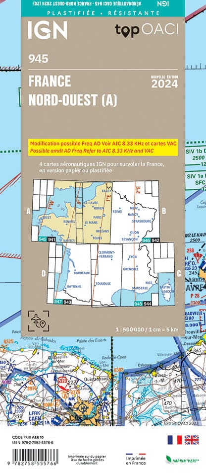Carte aéronautique plastifiée OACI 945 - France Nord-ouest 2024 | IGN carte pliée IGN 
