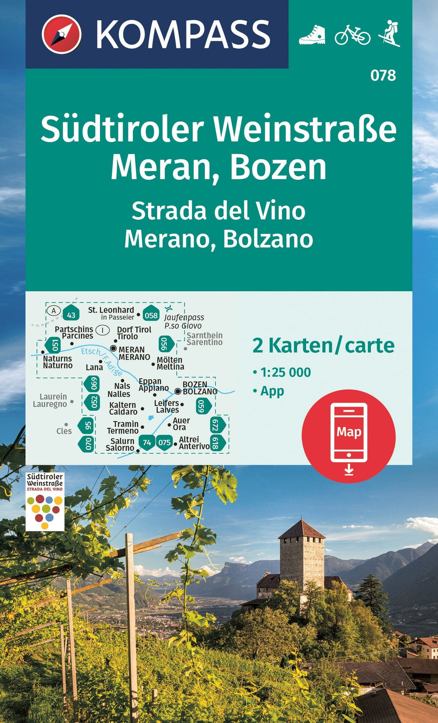 Carte de randonnée n° 078 - Südtiroler Weinstraße, Meran, Bozen (Italie) | Kompass carte pliée Kompass 