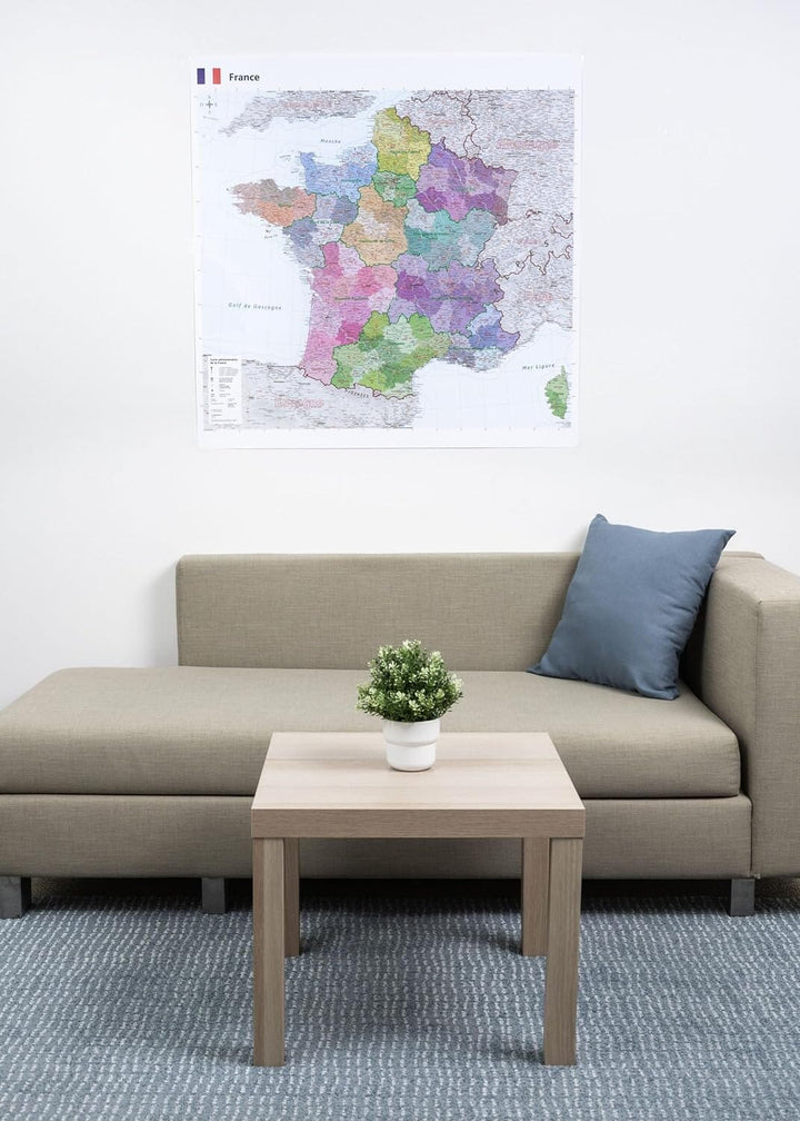 Carte murale plastifiée - France administrative (100 x 100 cm), avec baguettes en bois | GeoMetro carte murale petit tube taux réduit GeoMetro 