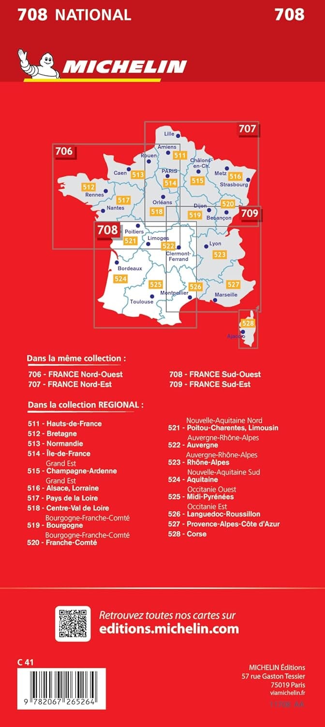 Carte routière n° 708 - 1/4 France - Sud-Ouest 2025 | Michelin carte pliée Michelin 