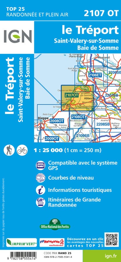 Carte TOP 25 n° 2107 OT - Le Tréport, Saint-Valery-sur-Somme, Baie de Somme | IGN carte pliée IGN 
