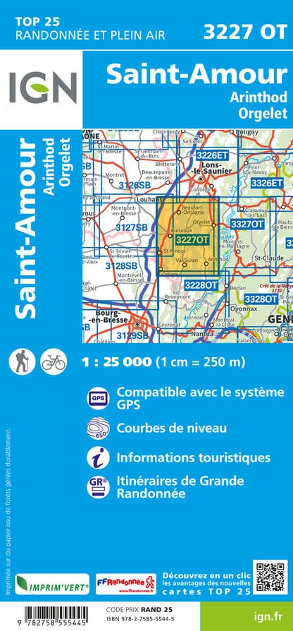 Carte TOP 25 n° 3227 OT - St-Amour, Arinthod, Orgelet | IGN carte pliée IGN 