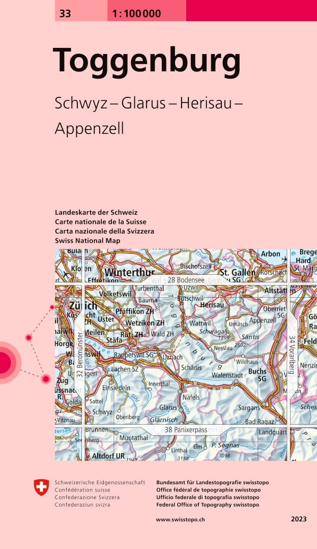 Carte topographique n° 33 - Toggenburg (Suisse) | Swisstopo - 1/100 000 carte pliée Swisstopo 