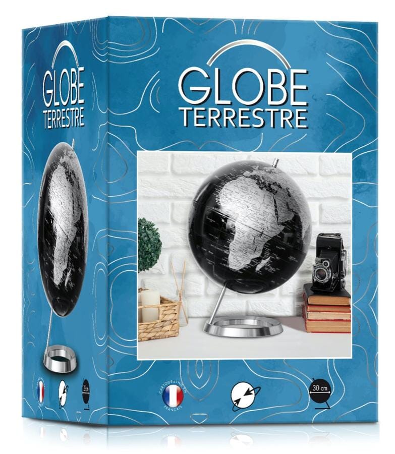 Globe noir & argent de diamètre 30 cm, pied chromé (en français) globe Cartotheque Egg 