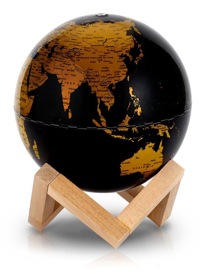 Globe terrestre lumineux de diamètre 14 cm, Noir et Or, avec support en bois, en français globe Cartotheque Egg 