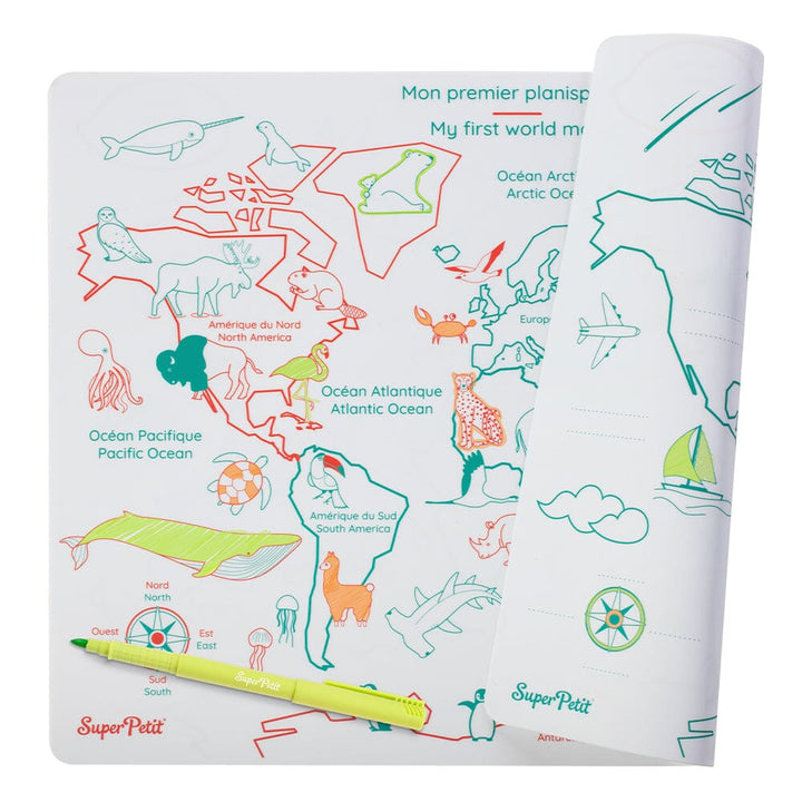 Set de coloriage en silicone réutilisable et réversible - Carte du monde (3 ans et +) | SuperPetit accessoire de voyage SuperPetit 
