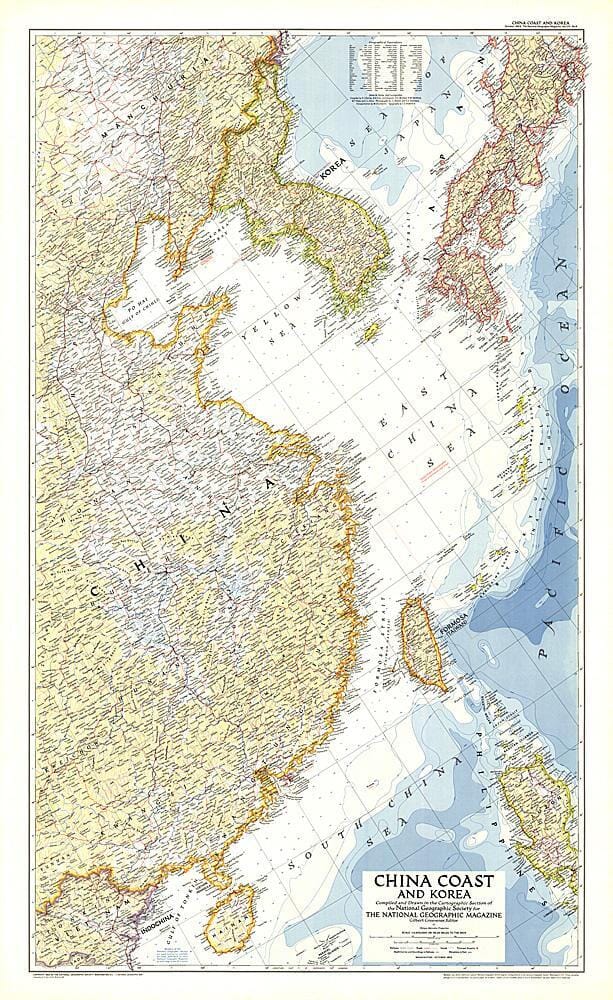 1953 China Coast and Korea Map Wall Map 