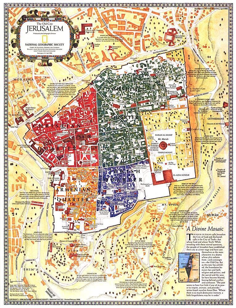 1996 Jerusalem, the Old City Map Wall Map 