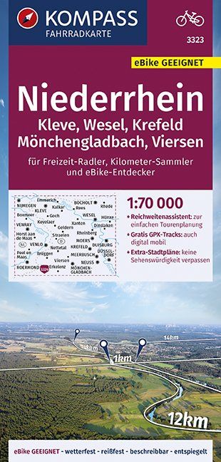 Carte cycliste n° F3323 - Niederrhein/ Klevenm Wesel/ Krefeld/ Mönchengladbach/ Vierse (Allemagne) | Kompass carte pliée Kompass 
