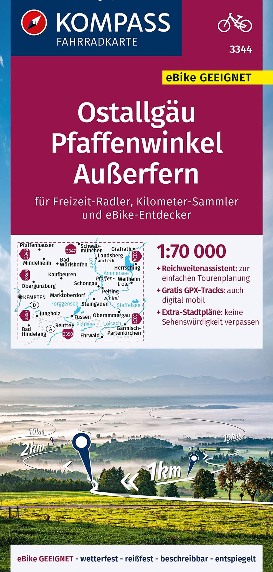 Carte cycliste n° F3344 - Ostallgäu, Pfaffenwinkel, Ausserfern (Allemagne) | Kompass carte pliée Kompass 