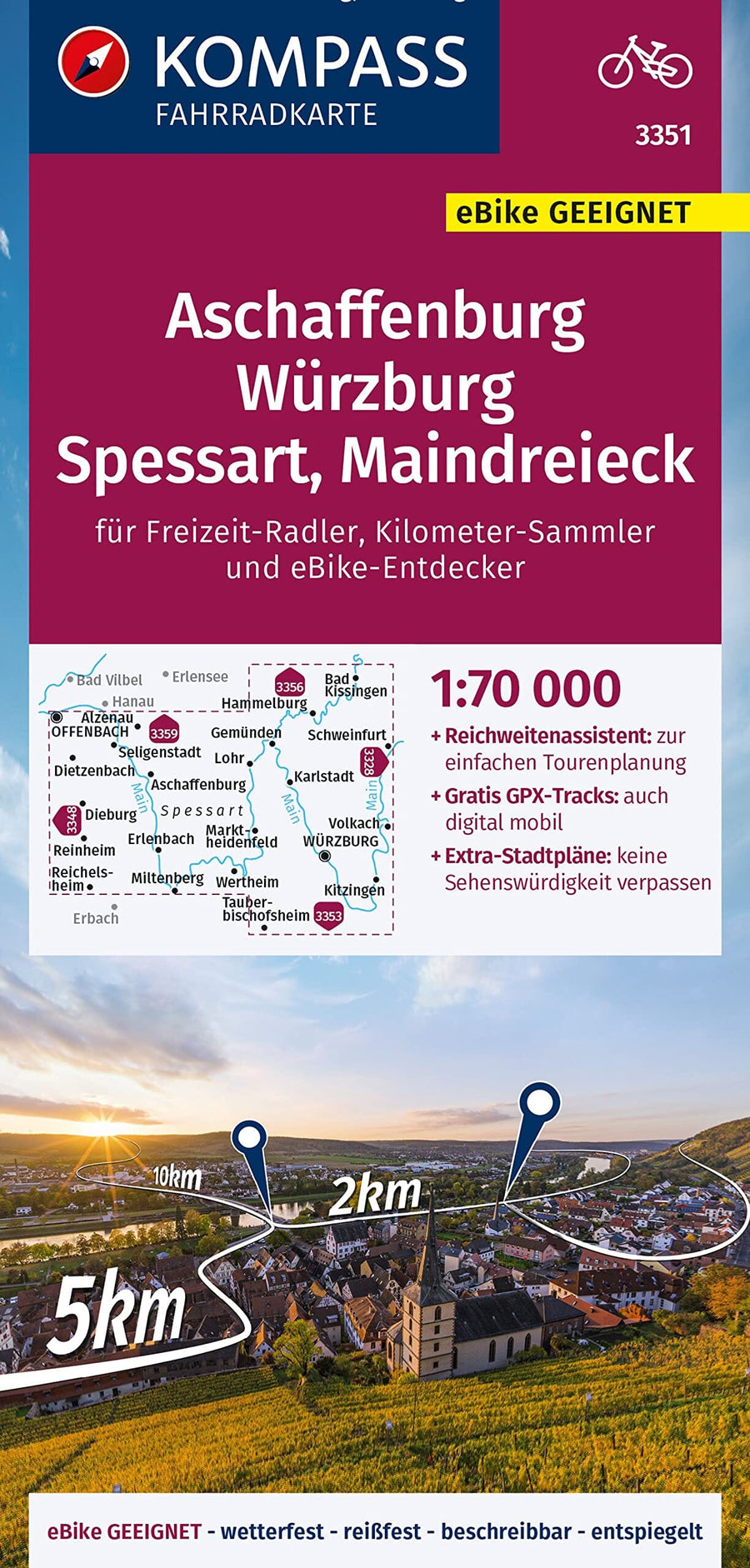 Carte cycliste n° F3351 - Aschaffenburg, Würzburg, Spessart, Maindreieck (Allemagne) | Kompass carte pliée Kompass 