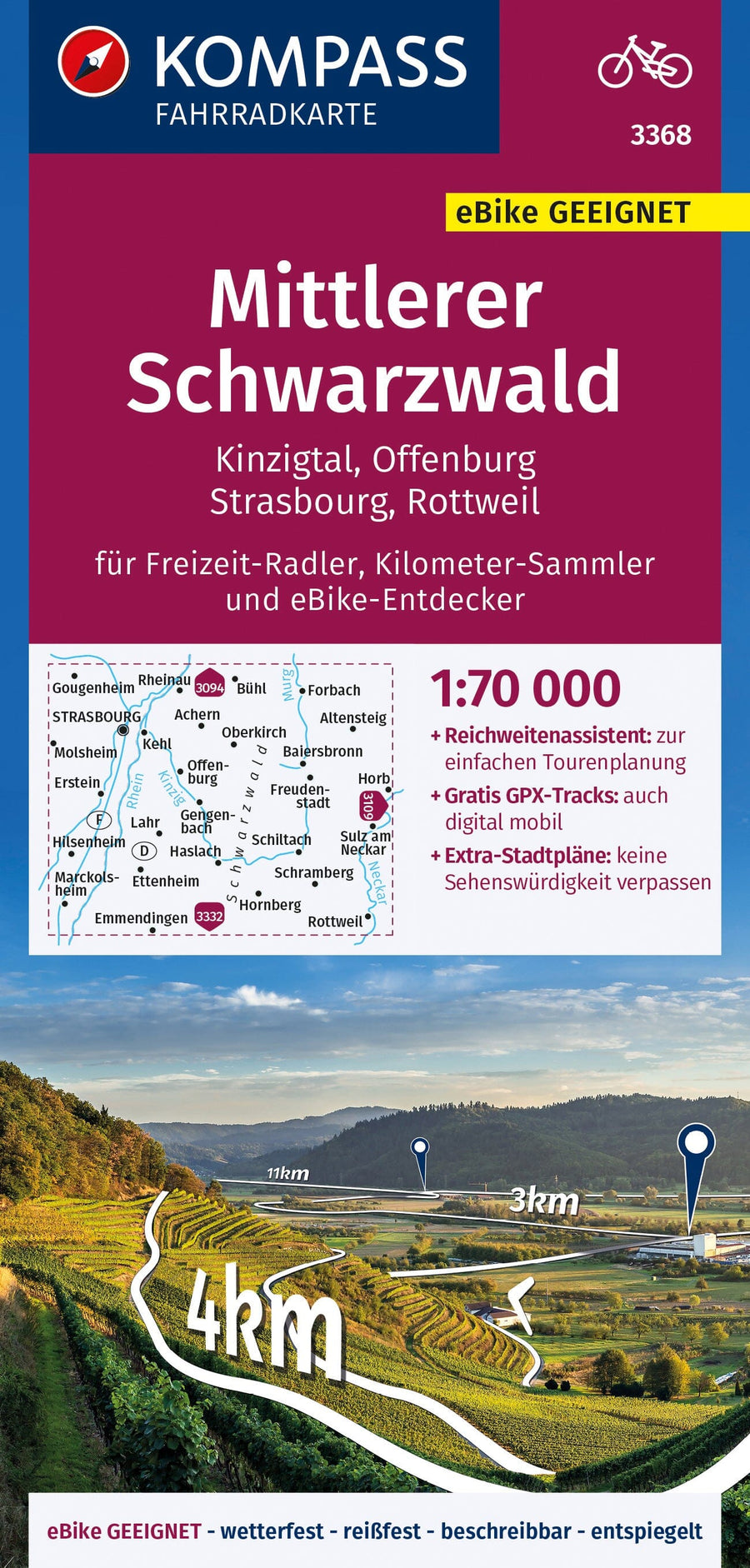 Carte cycliste n° F3368 - Schwarzwald Mittlerer, Kinzigtal, Offenburg, Strasbourg (Allemagne) | Kompass carte pliée Kompass 