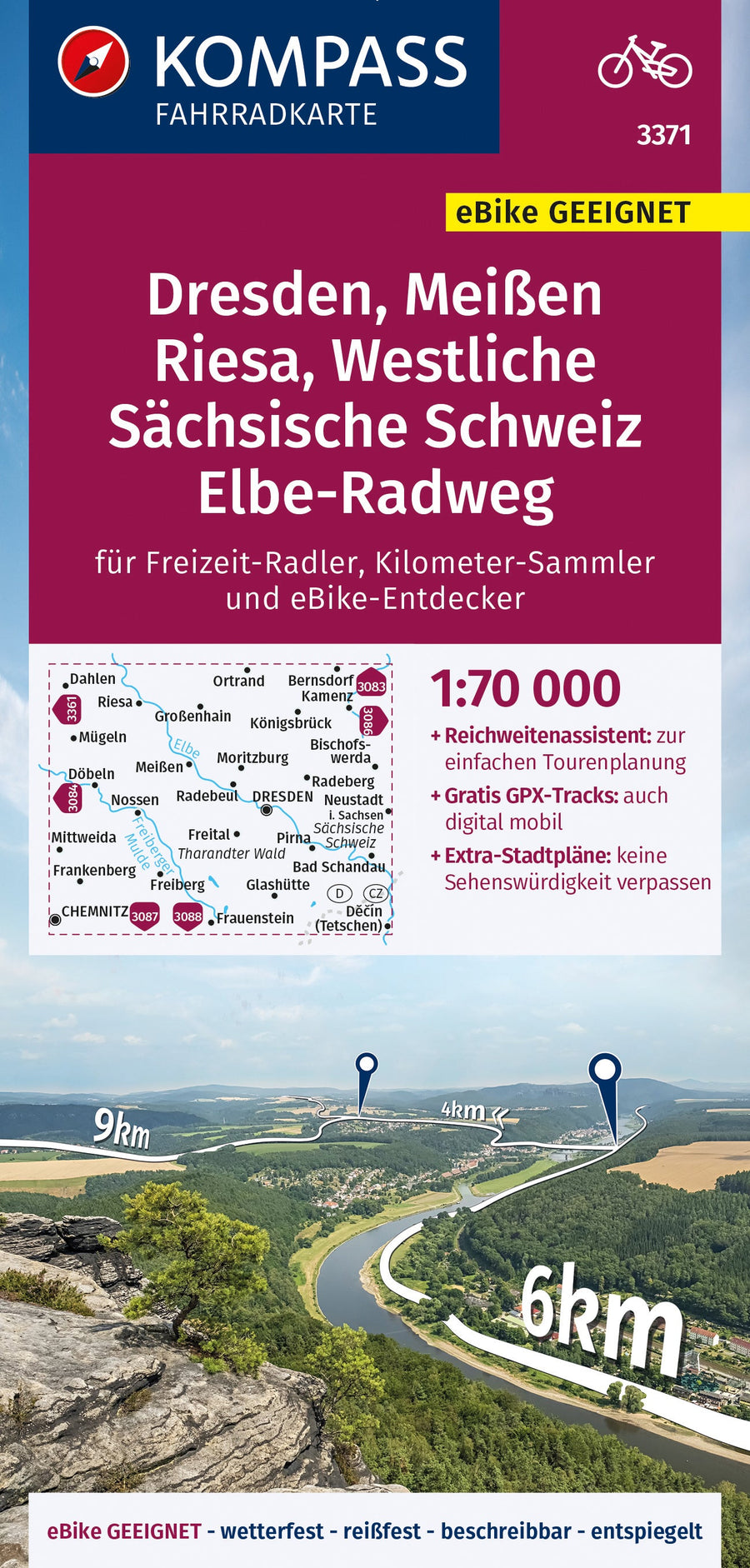 Carte cycliste n° F3371 - Dresden, Meißen, Riesa, Westliche Sächsische Schweiz, Elbe Radweg (Allemagne) | Kompass carte pliée Kompass 