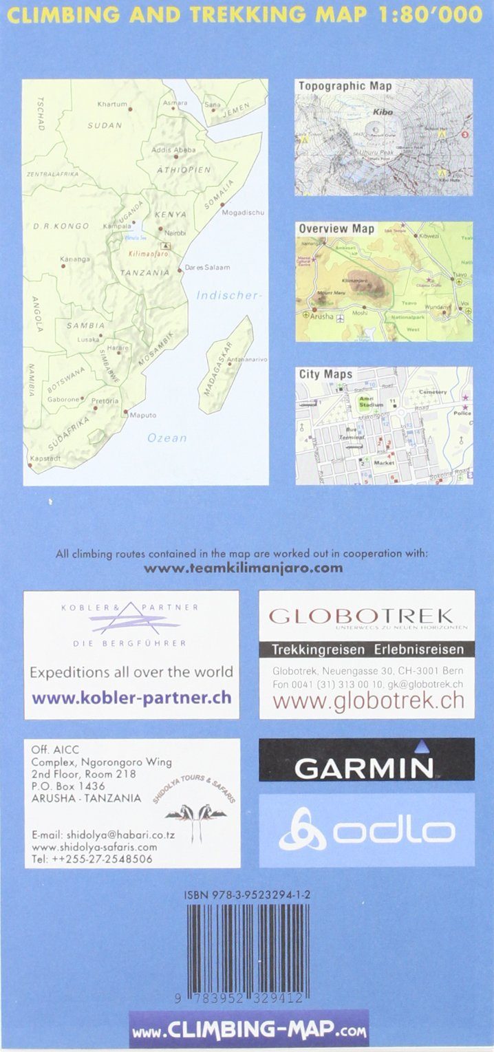 Carte de randonnée et d'escalade- Kilimanjaro + Moshi & Arusha city | Climbing Map carte pliée Climbing Map 