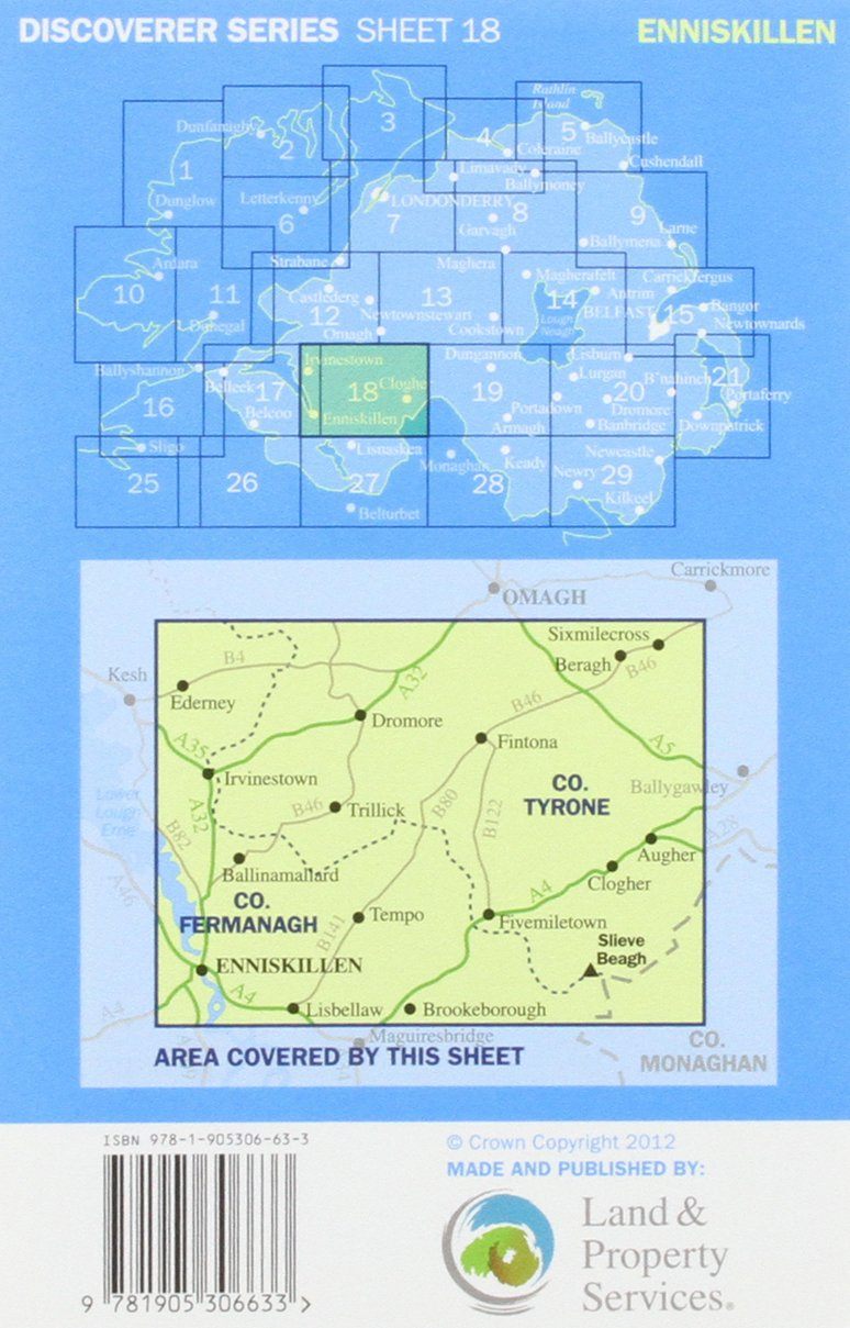 Carte de randonnée n° 018 - Enniskillen, Irvinestown, Ballinamallard (Irlande du Nord) | Ordnance Survey - Discoverer carte pliée Ordnance Survey 