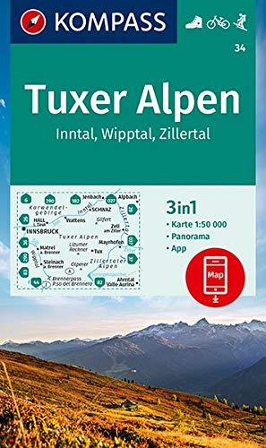 Carte de randonnée n° 034 - Tuxer Alpen, Inntal, Wipptal, Zillertal (Autriche) | Kompass carte pliée Kompass 