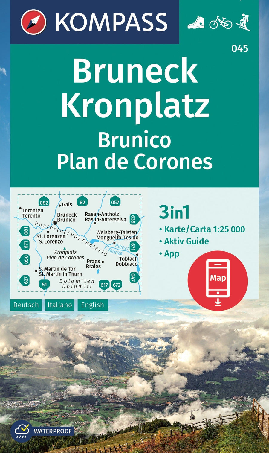 Carte de randonnée n° 045 - Bruneck, Kronplatz + Aktiv Guide (Italie) | Kompass carte pliée Kompass 