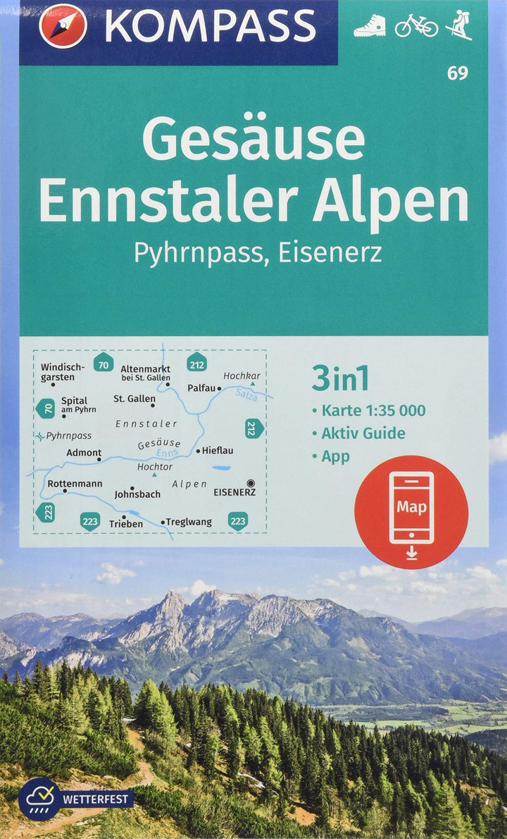 Carte de randonnée n° 069 - Gesäuse, Ennstaler Alpen/Pyhrnpass/Eisenerz (Autriche) | Kompass carte pliée Kompass 