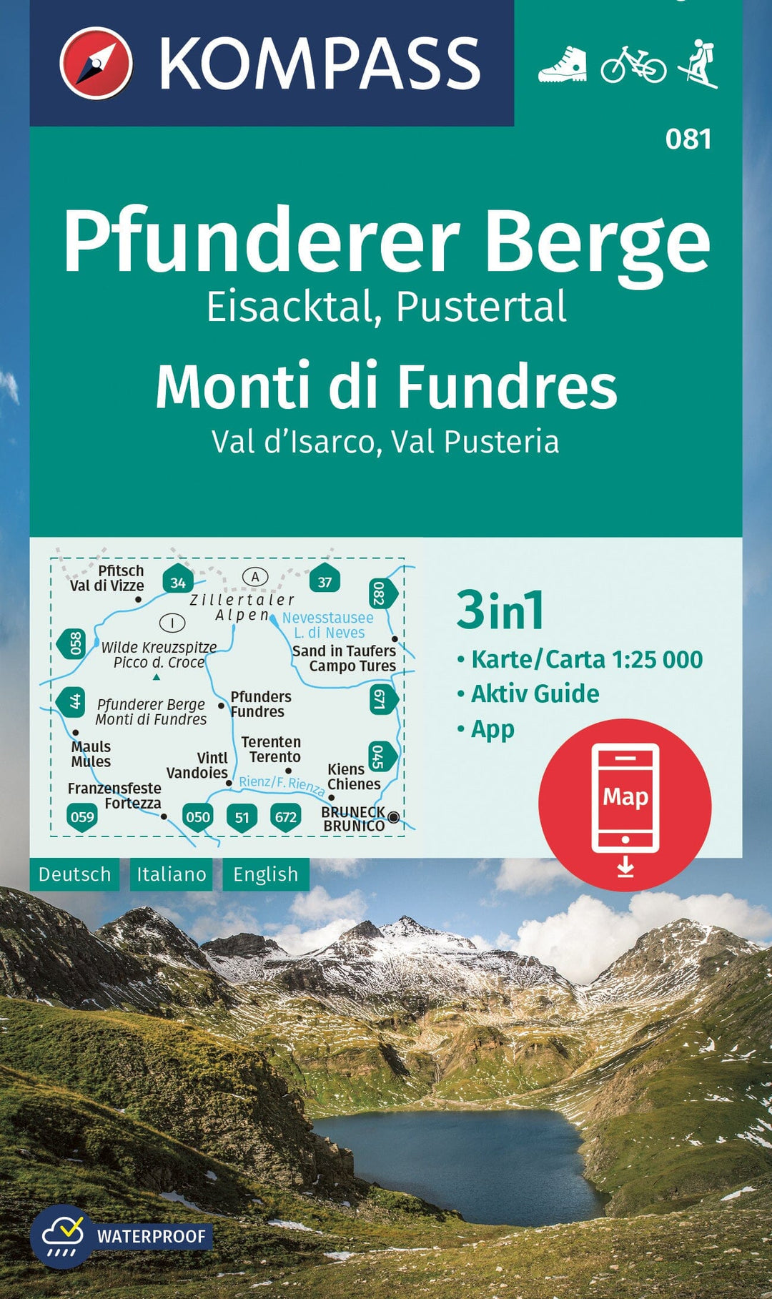 Carte de randonnée n° 081 - Pfunderer Berge, Monti di Fundres (Italie) | Kompass carte pliée Kompass 