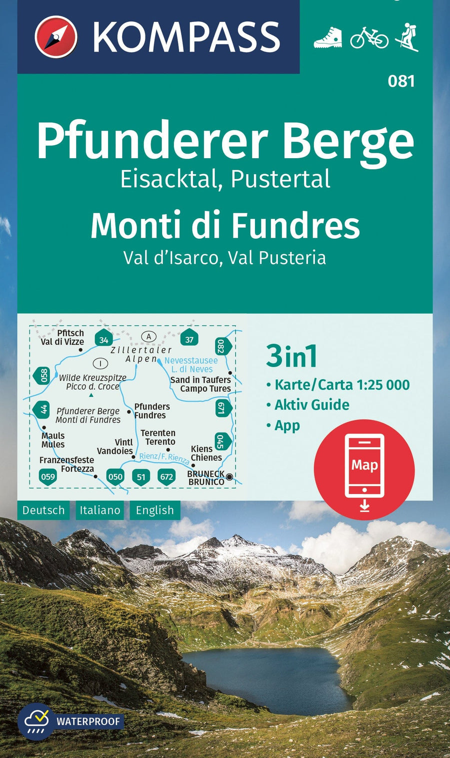 Carte de randonnée n° 081 - Pfunderer Berge, Monti di Fundres (Italie) | Kompass carte pliée Kompass 
