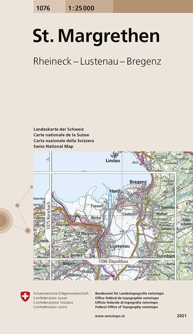 Carte de randonnée n° 1076 - St-Margrethen (Suisse) | Swisstopo - 1/25 000 carte pliée Swisstopo 