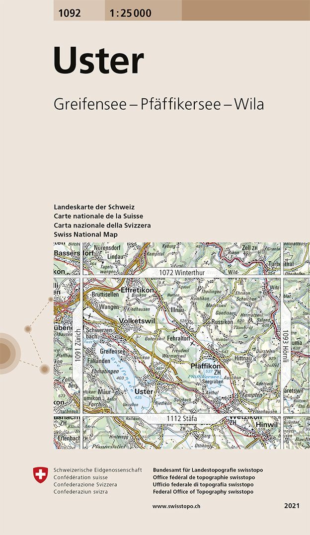 Carte de randonnée n° 1092 - Uster (Suisse) | Swisstopo - 1/25 000 carte pliée Swisstopo 