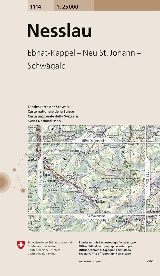 Carte de randonnée n° 1114 - Nesslau (Suisse) | Swisstopo - 1/25 000 carte pliée Swisstopo 