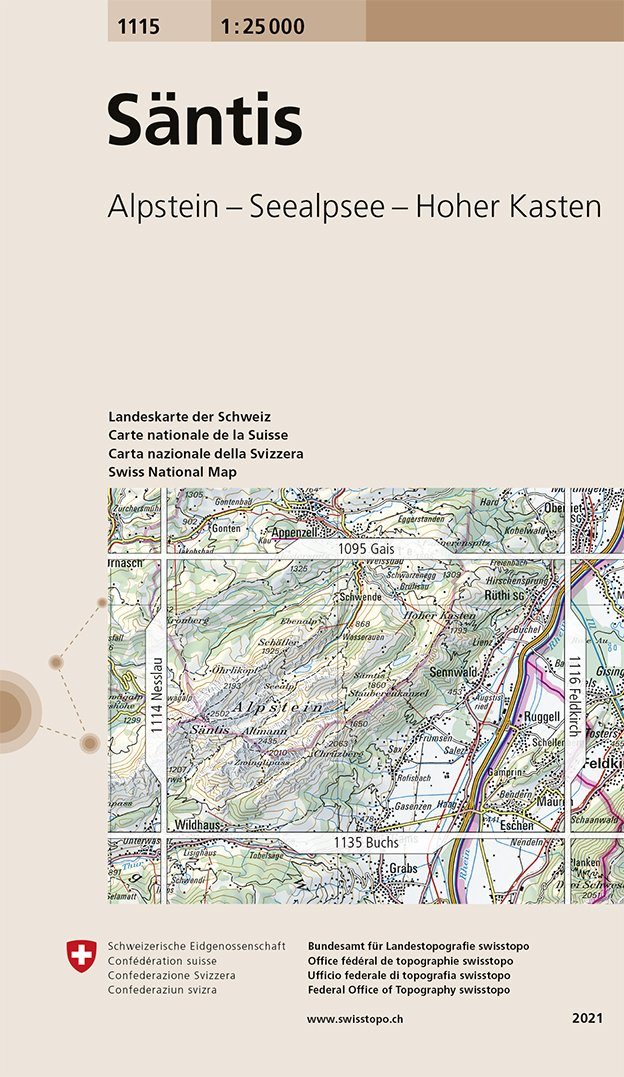 Carte de randonnée n° 1115 - Santis (Suisse) | Swisstopo - 1/25 000 carte pliée Swisstopo 