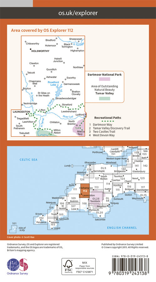Carte de randonnée n° 112 - Launceston, Holsworthy (Grande Bretagne) | Ordnance Survey - Explorer carte pliée Ordnance Survey Papier 