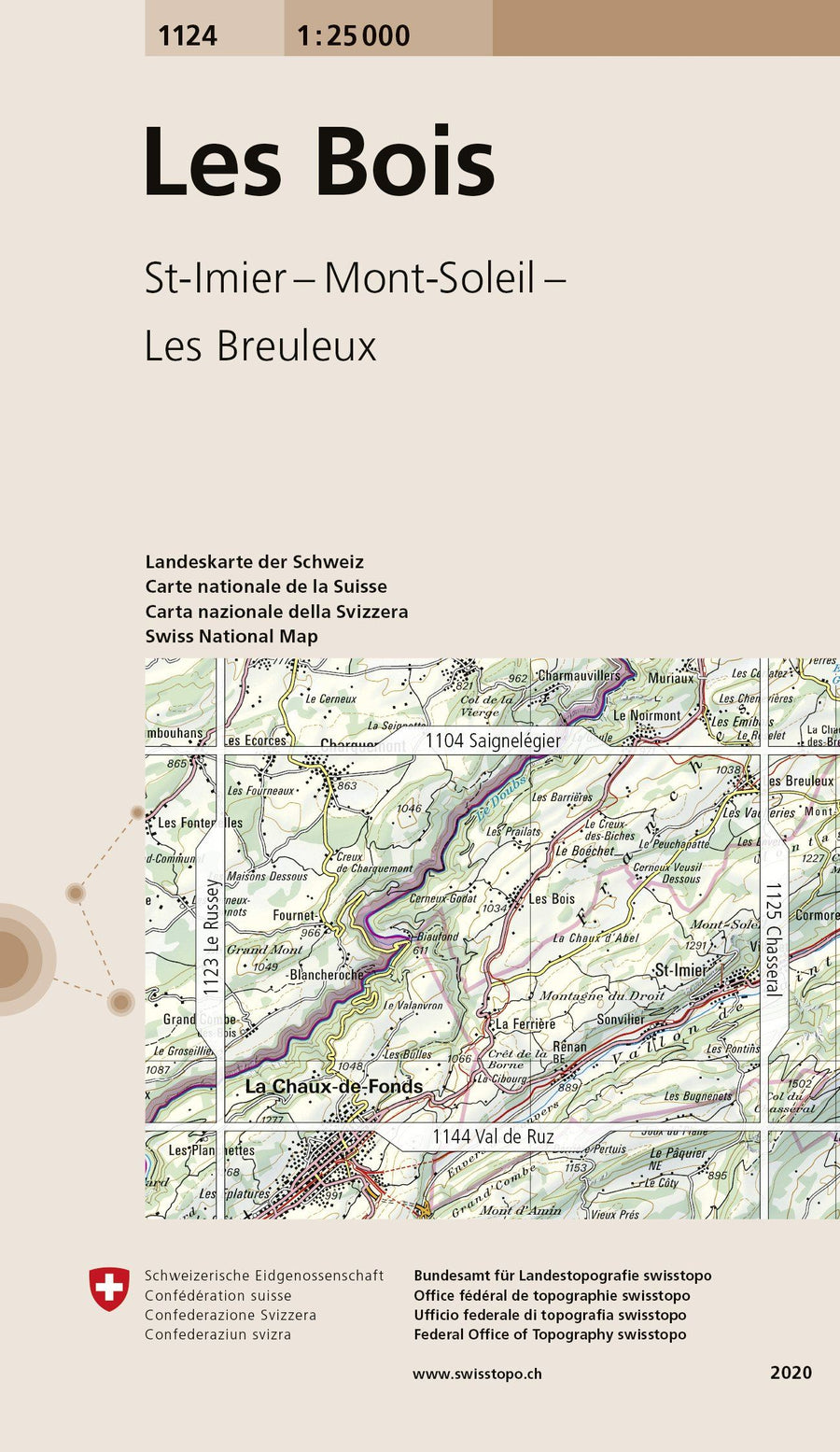 Carte de randonnée n° 1124 - Les Bois (Suisse) | Swisstopo - 1/25 000 carte pliée Swisstopo 