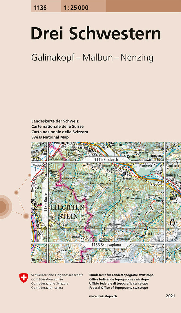 Carte de randonnée n° 1136 - Drei Schwestern (Suisse) | Swisstopo - 1/25 000 carte pliée Swisstopo 