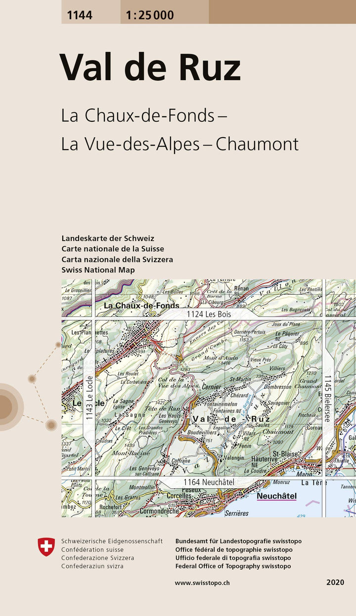 Carte de randonnée n° 1144 - Val de Ruz (Suisse) | Swisstopo - 1/25 000 carte pliée Swisstopo 