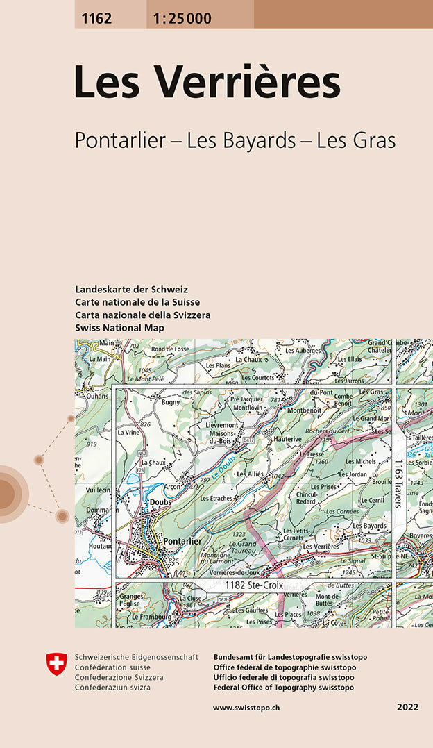 Carte de randonnée n° 1162 - Les Verrières (Suisse) | Swisstopo - 1/25 000 carte pliée Swisstopo 