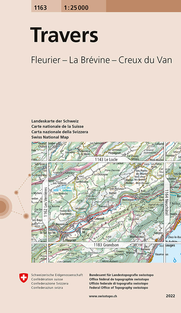 Carte de randonnée n° 1163 - Travers (Suisse) | Swisstopo - 1/25 000 carte pliée Swisstopo 
