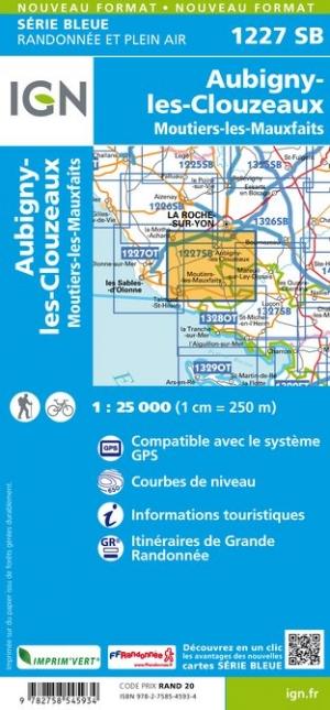 Carte de randonnée n° 1227 - Aubigny-Les-Clouzeaux, Moutiers-les-Mauxfaits | IGN - Série Bleue carte pliée IGN 