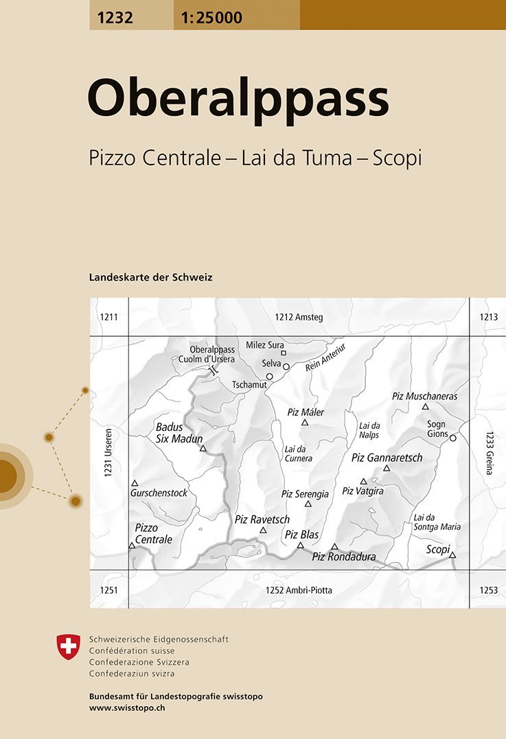 Carte de randonnée n° 1232 - Oberalppass (Suisse) | Swisstopo - 1/25 000 carte pliée Swisstopo 