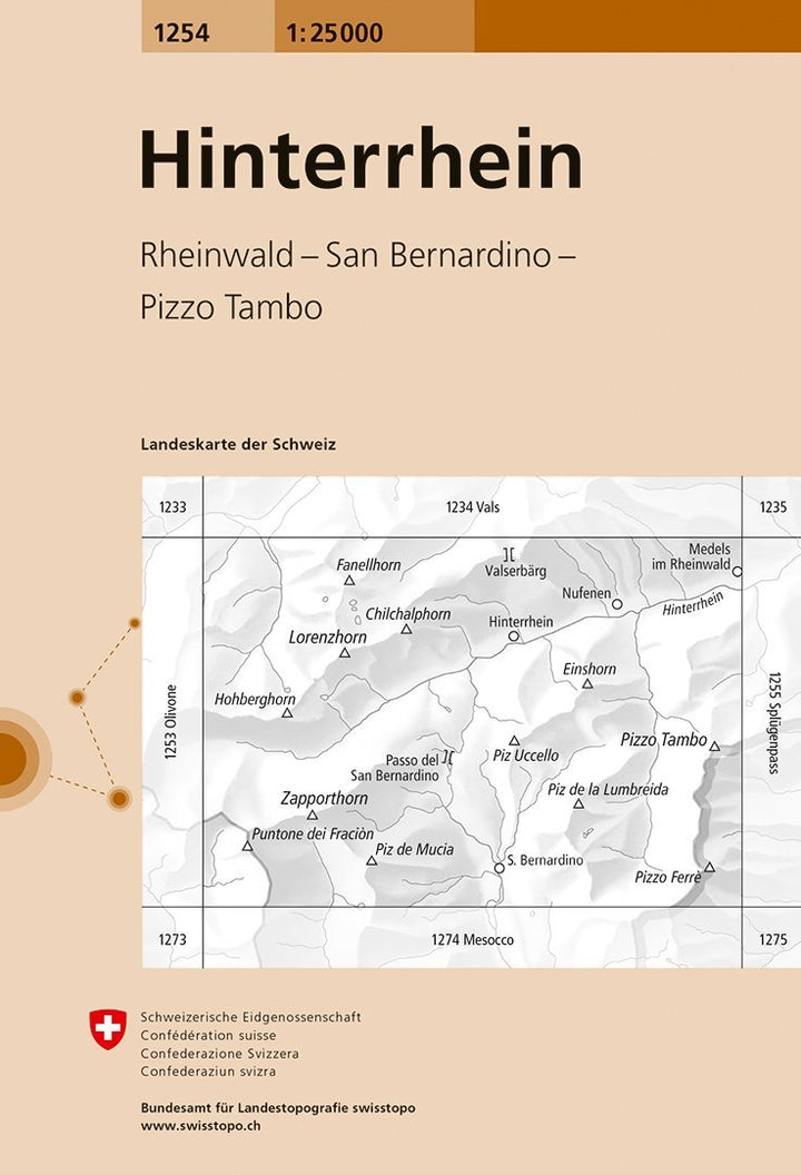 Carte de randonnée n° 1254 - Hinterrhein (Suisse) | Swisstopo - 1/25 000 carte pliée Swisstopo 