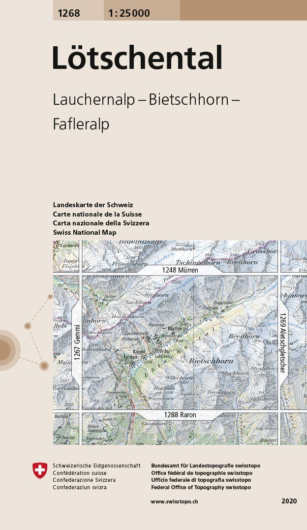 Carte de randonnée n° 1268 - Lötschental (Suisse) | Swisstopo - 1/25 000 carte pliée Swisstopo 