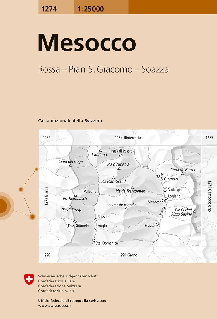 Carte de randonnée n° 1274 - Mesocco (Suisse) | Swisstopo - 1/25 000 carte pliée Swisstopo 
