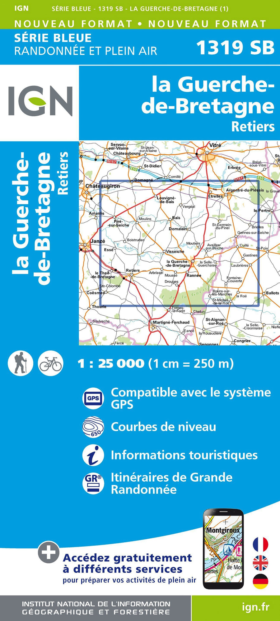 Carte de randonnée n° 1319 - La Guerche-de-Bretagne, Retiers | IGN - Série Bleue carte pliée IGN 