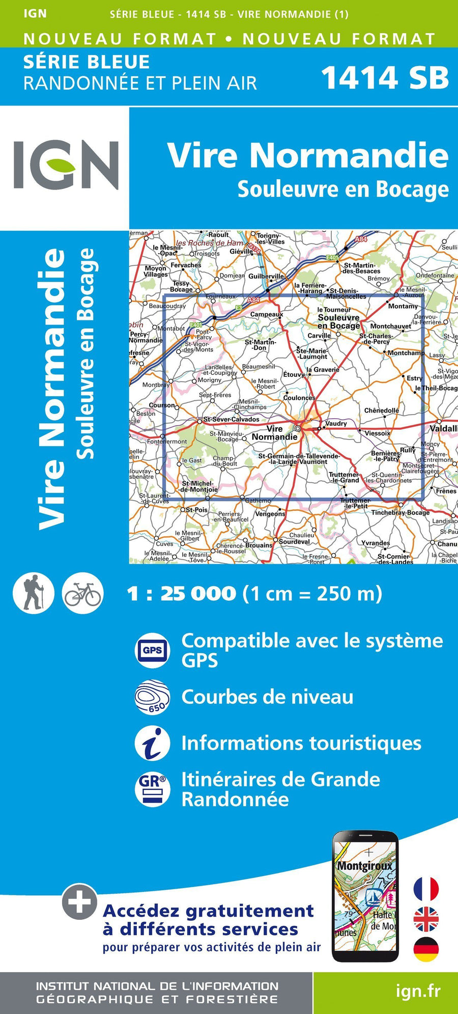 Carte de randonnée n° 1414- Vire Normandie, Souleuvre en Bocage | IGN - Série Bleue carte pliée IGN 