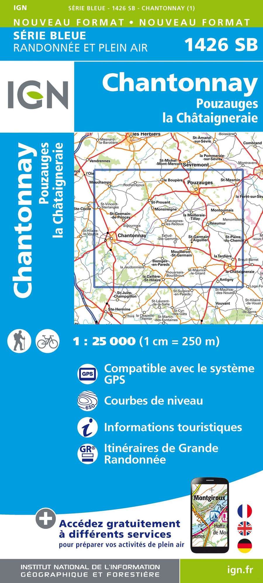 Carte de randonnée n° 1426 - Chantonnay, Pouzauges, La Châtaigneraie | IGN - Série Bleue carte pliée IGN 
