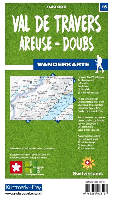Carte de randonnée n° 16 - Val de Travers, Areuse, Doubs (Suisse) | Kümmerly & Frey-1/40 000 carte pliée Kümmerly & Frey 
