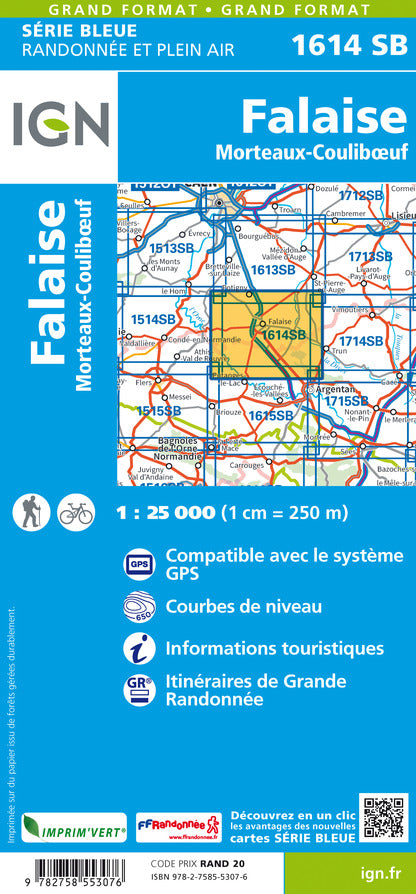 Carte de randonnée n° 1614 - Falaise, Morteaux-Couliboeuf | IGN - Série Bleue carte pliée IGN 